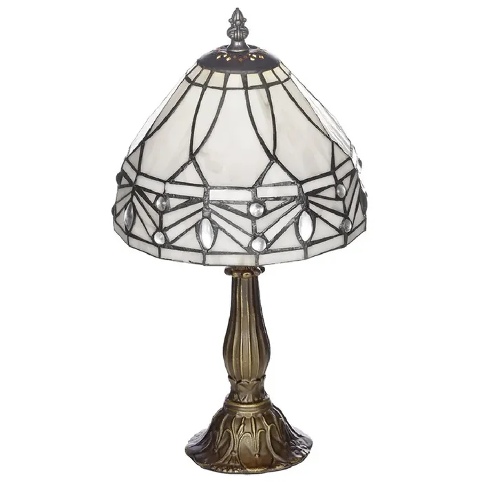 8″ Cream Marble Effect & Pearl Tiffany Glass Vintage Dome Table Lamp 35cm