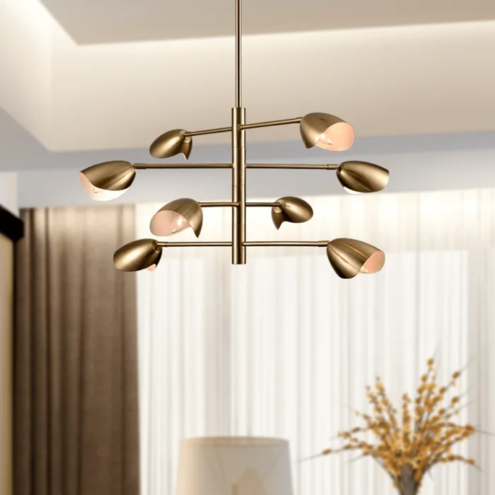 8-Light Chandelier Ceiling Light, Curved Disk Shades, Brass Finish Hardware, 120V, Bulb Type B10, Socket type E12, Max wattage Per Socket 60W – 33.5”D x 18.5“H