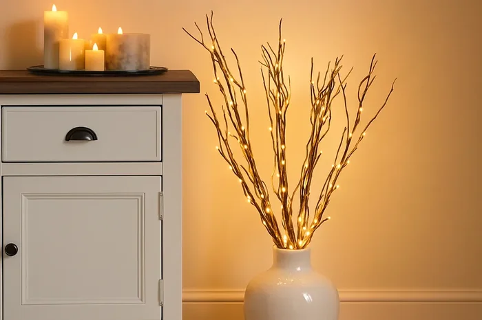 87cm LED Twig Branch Vase Lights – 5 Branches – Warm White Fairy Lights – Battery Operated – Decorative Lighting