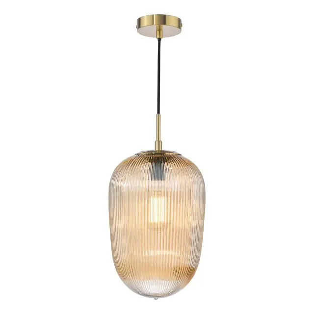 Abrielle Brushed Bronze and Amber Ribbed Glass Pendant Light