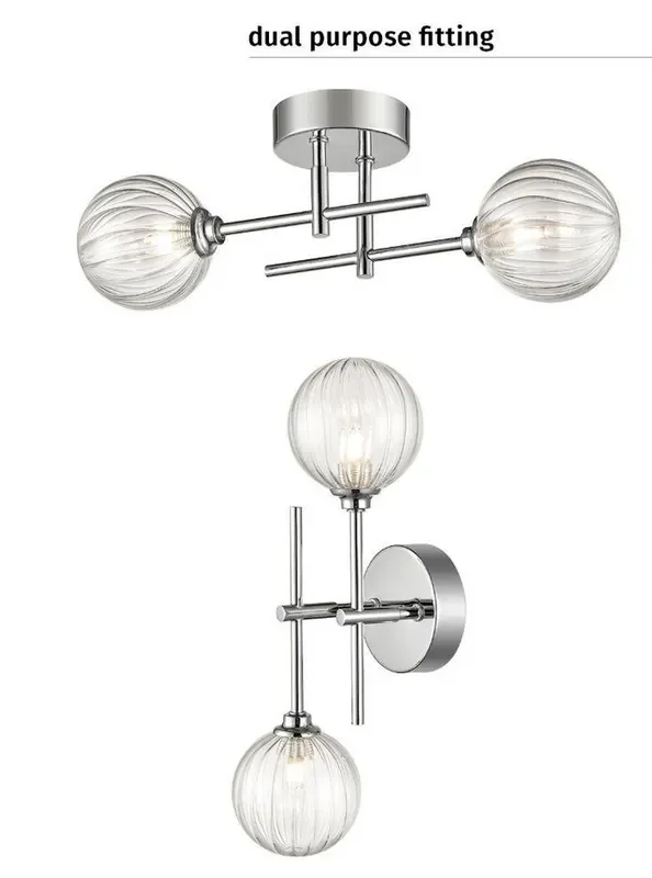 Abstraction 2 Light Chrome with Clear Ribbed Spheres Wall or Ceiling Light