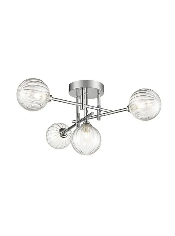 Abstraction 4 Light Chrome with Clear Ribbed Spheres Semi Flush Ceiling Light