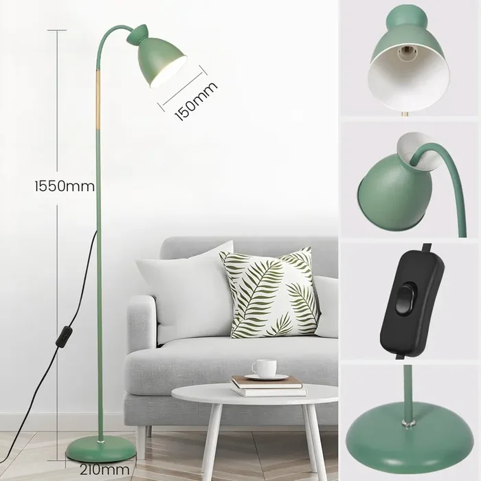 Adjustable Floor Lamp – Bohemian Scandinavian Modern Reading Light, Green Metal & Wood Standing Lamp, 155cm, E27 Socket, for Living Room, Bedroom, Dining Room, Office
