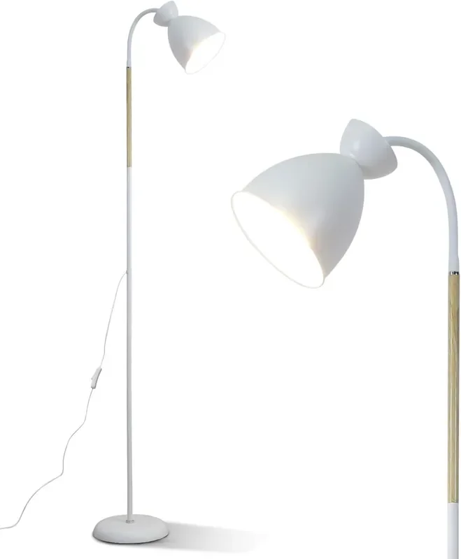 Adjustable Floor Lamp, White Modern Standing Lamp, 155 cm Height Adjustable Corner Light, Metal & Wood, E27 Socket, Push Switch, Reading Lamp for Living Room, Bedroom, Office