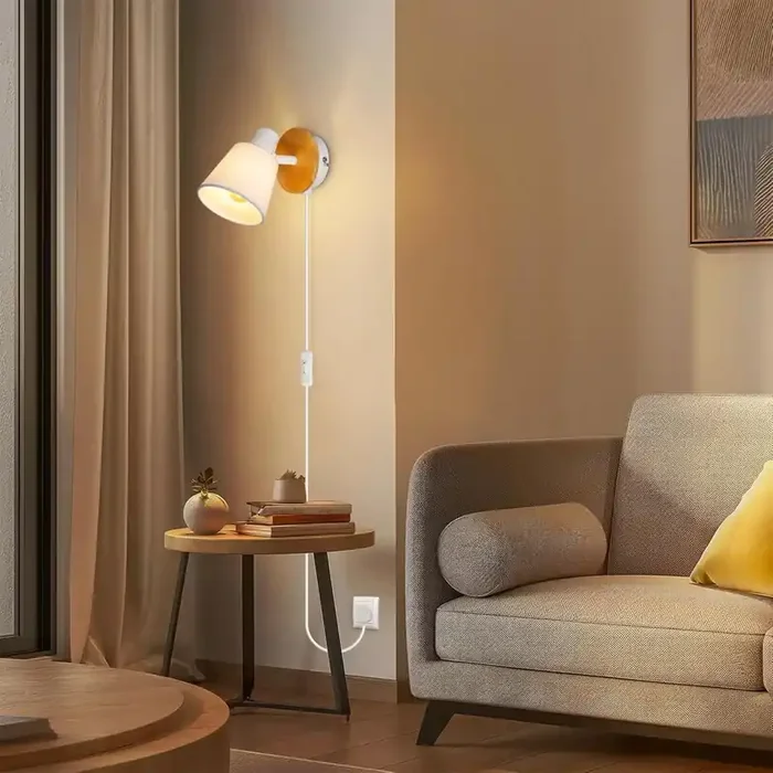 Adjustable Plug-in Wall Lamp – E14 Wooden Wall Light with Switch & Fabric Shade, Retro Sconce for Bedroom & Living Room (Bulb Not Included)