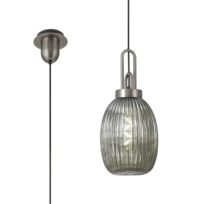 Albon 1 Light Pendant E27 20cm Almond Ribbed Glass, Smoked Antique Silver-Black