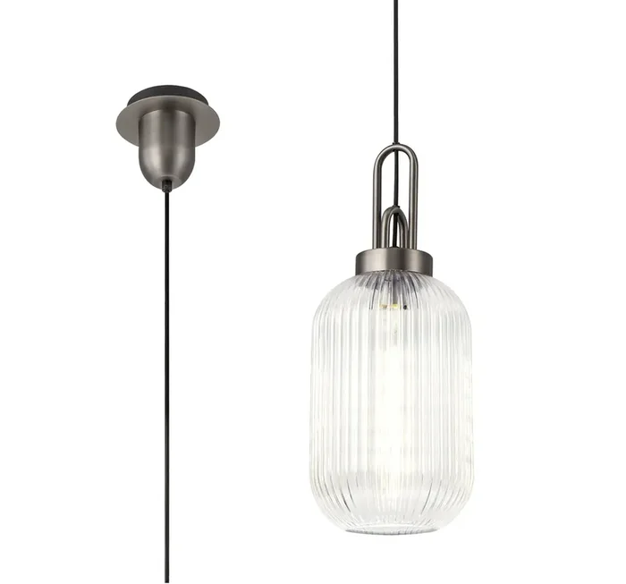 Albon 1 Light Pendant E27 20cm Tubular Ribbed Glass, Clear Antique Silver-Black