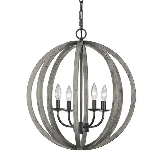 Allier 4 Light Antique Iron and Oak Wood Pendant Light
