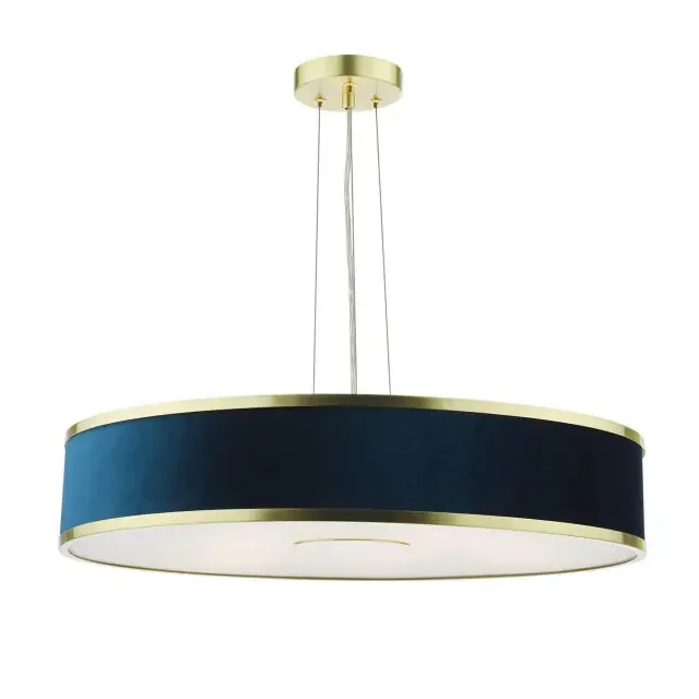 Alvaro 6 Light Brushed Brass and Velvet Blue Shaded Pendant Light