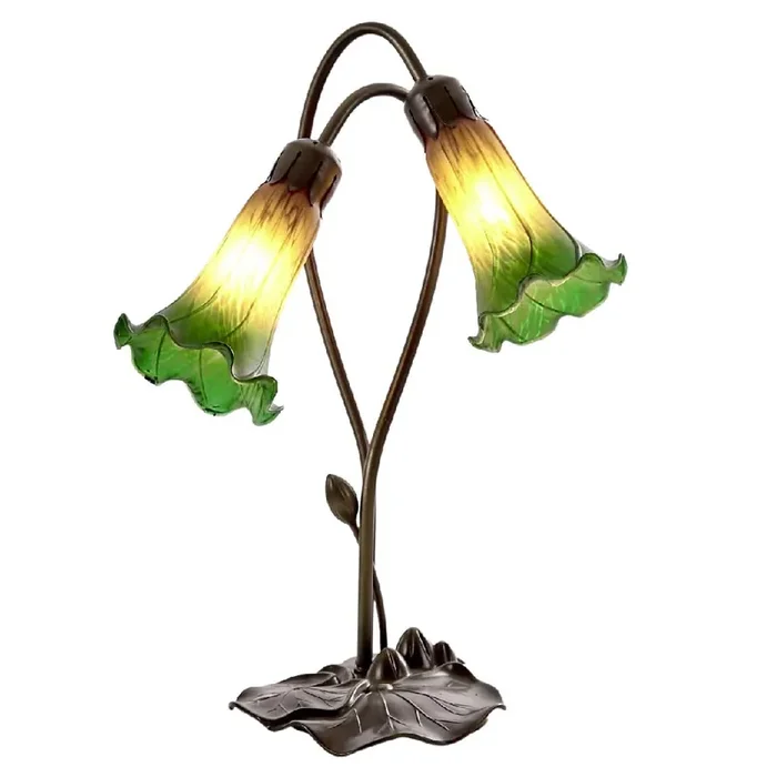 Amber Green Tiffany Glass Vintage Lily Double Table Lamp 45cm
