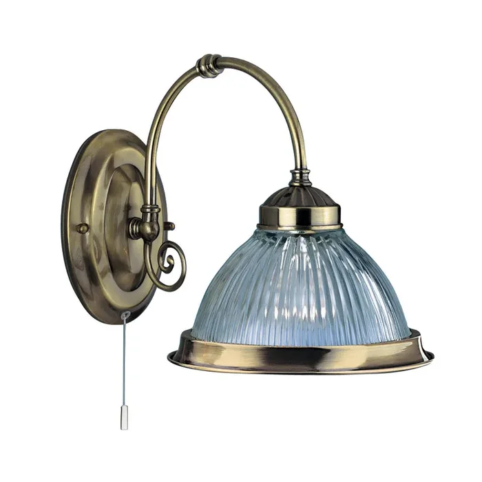American Diner Antique Brass Traditional Switched Wall Light with Ribbed Glass