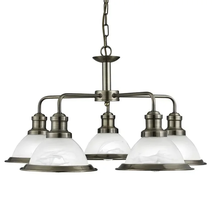 Antique Brass & Alabaster Acid Glass Vintage Dome 5 Lamp Pendant Light 63cm