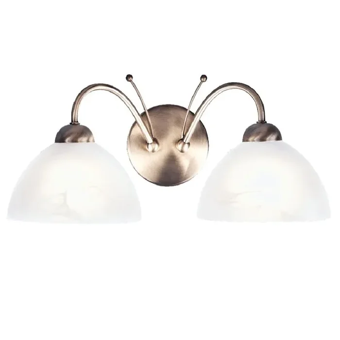 Antique Brass & Alabaster Glass Vintage Dome Swan Neck 2 Lamp Wall Light 40cm