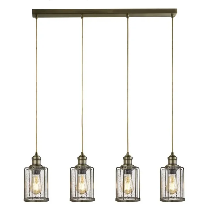 Antique Brass & Bubble Glass Cage Lantern 4 Lamp Bar Pendant Light 77cm