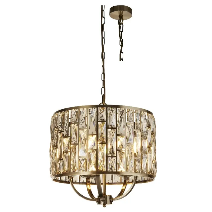 Antique Brass & Champagne Crystal Glass Vintage 5 Lamp Drum Pendant Light 44cm