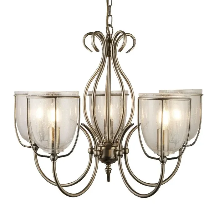 Antique Brass & Clear Seeded Glass Vintage 5 Lamp Pendant Light 52cm