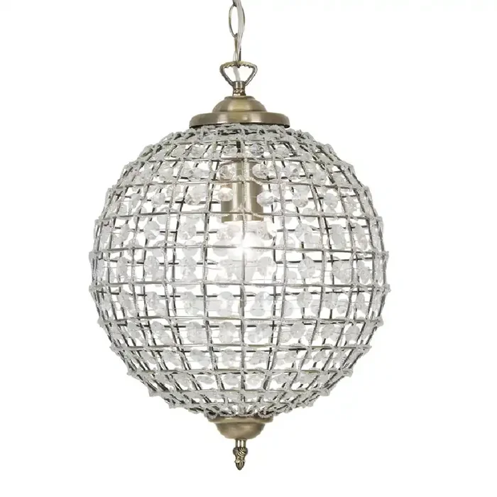 Antique Brass & Faceted Crystal Vintage Round Globe Pendant 30cm