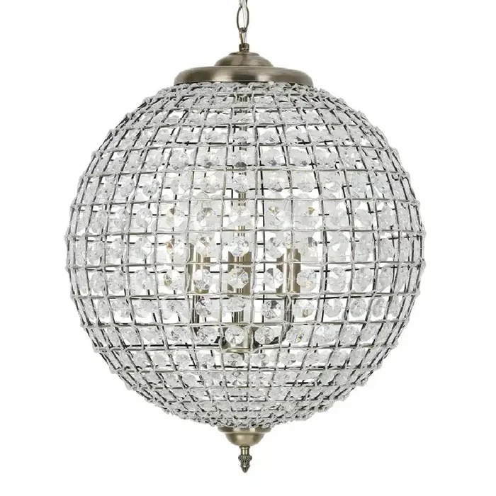 Antique Brass & Faceted Crystal Vintage Round Globe Pendant 45cm
