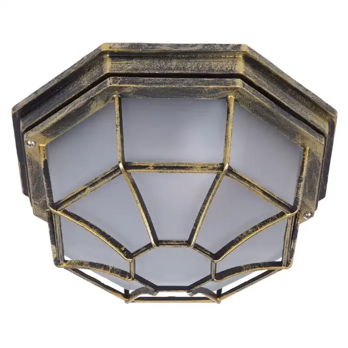 Antique Brass & Frosted Glass Outdoor Vintage Octagonal Flush Light 27cm