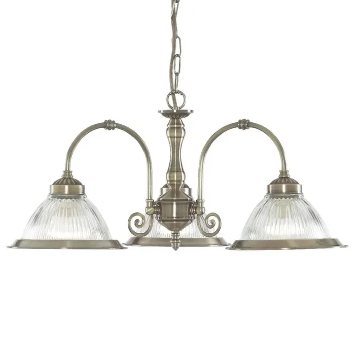 Antique Brass 3 Lamp Pendant Light with Clear Ribbed Glass 620mm