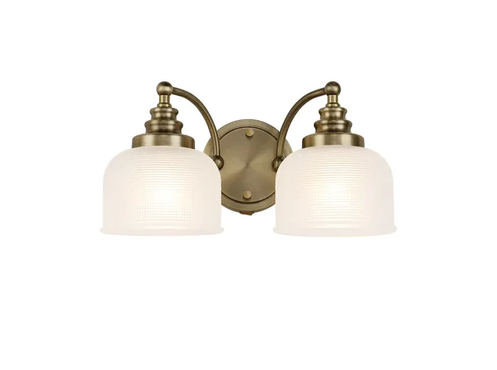 Antique Brass Sledmere Double Wall Light, Switched, 2 x E27, Glass Shade