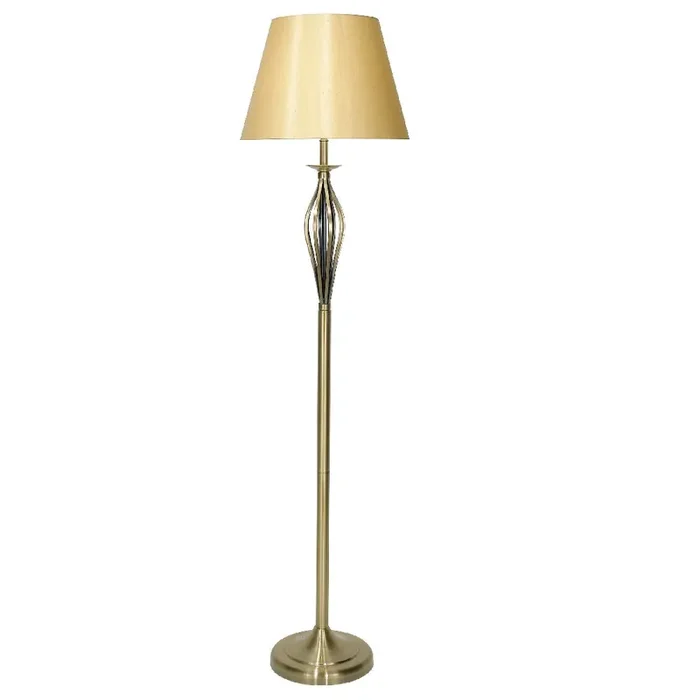 Antique Brass Vintage Open Metalwork Floor Lamp with Gold Faux Silk Tapered Drum Shade 160cm