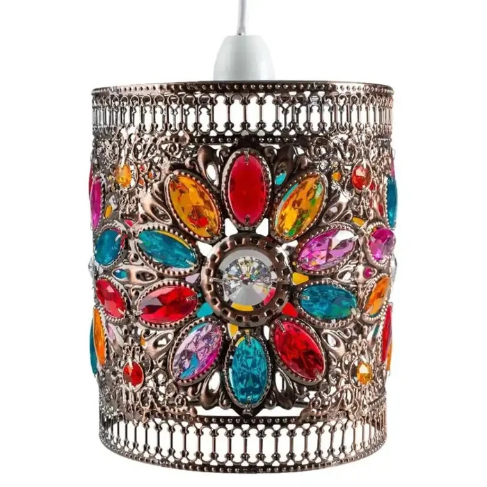 Antique Copper & Faceted Multicolour Jewel Vintage Moroccan Cylinder Shade 17cm