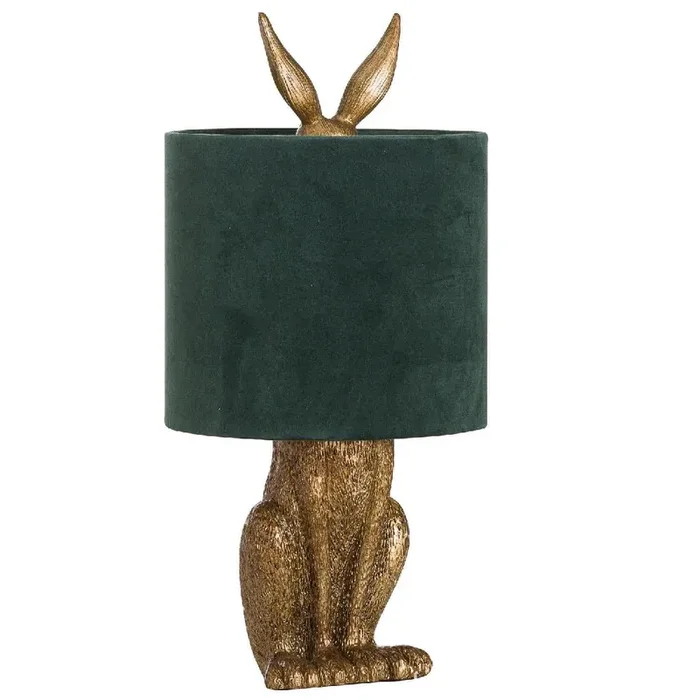 Antique Gold Hare Sculpture Vintage Table Lamp with Green Velvet Shade 50cm
