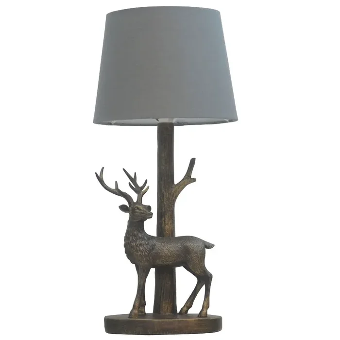 Antique Gold Sika Deer Stag Table Lamp with Grey Tapered Shade 44cm