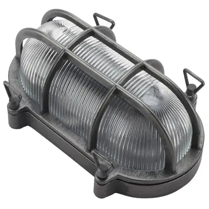 Antique Grey & Ribbed Glass Outdoor Vintage Oval Flush Bulkhead Wall Light 25cm