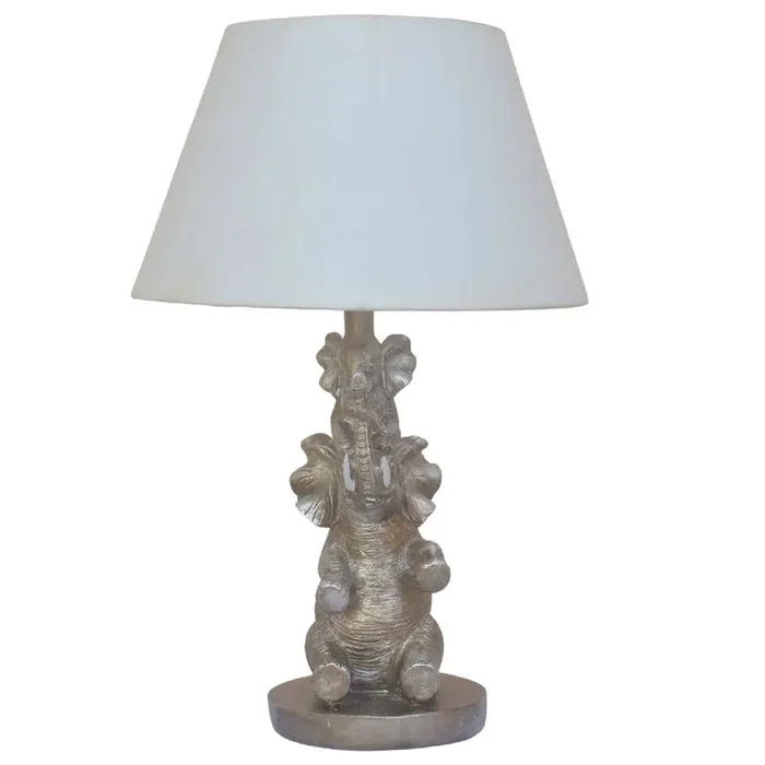 Antique Silver Resin Elephant Family Table Lamp with White Shade 46cm