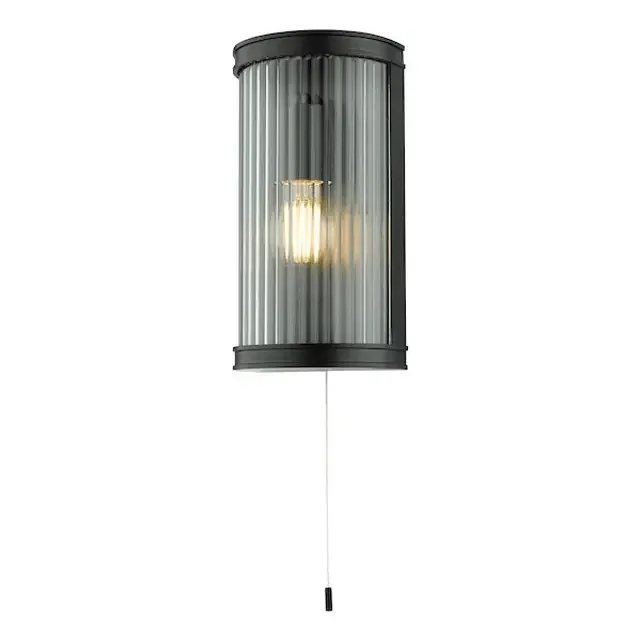 Anund Matt Black with Ribbed Glass IP44 Wall Light