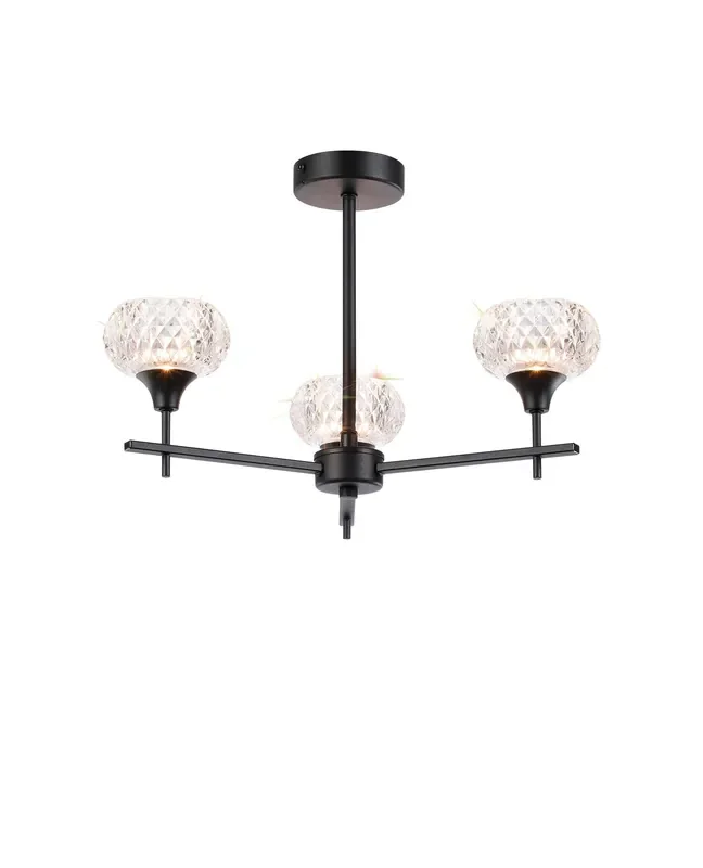Aria IP44 Rated Bathroom Semi Flush 3 Arm Light With Cut Glass Shades