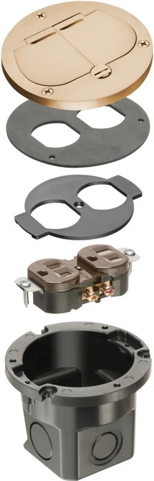Arlington FLB3532MB Cut In Floor Box Kit, Flush to the Floor, with Cover and 2 Flip Lids, Brass