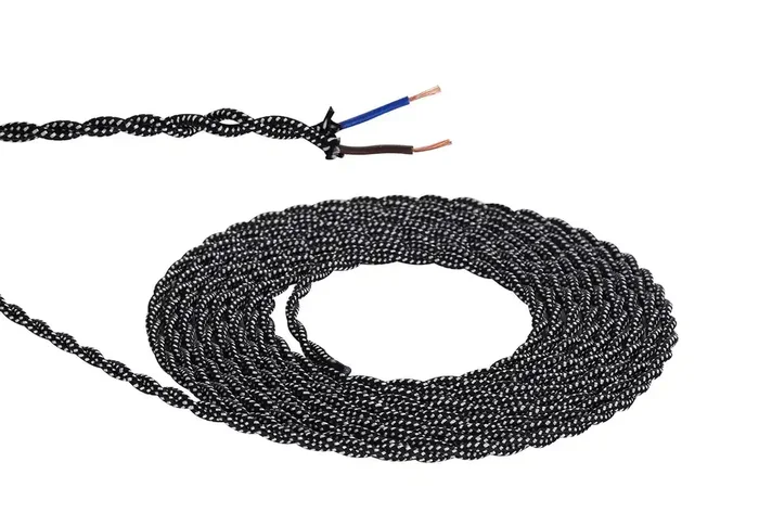 Ashmore 1m Black & White Spot Braided Twisted 2 Core 0.75mm Cable VDE Approved (qty ordered will be supplied as one continuous length)