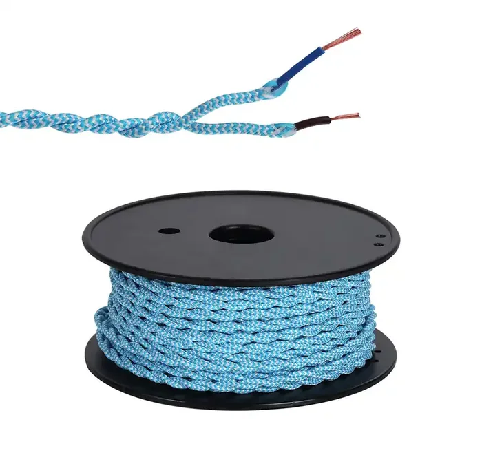 Ashmore 25m Roll Blue & White Wave Stripe Braided Twisted 2 Core 0.75mm Cable VDE Approved