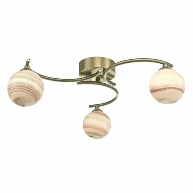 Atiya 3 Light Antique Brass with Planet Style Glass Semi Flush Ceiling Light