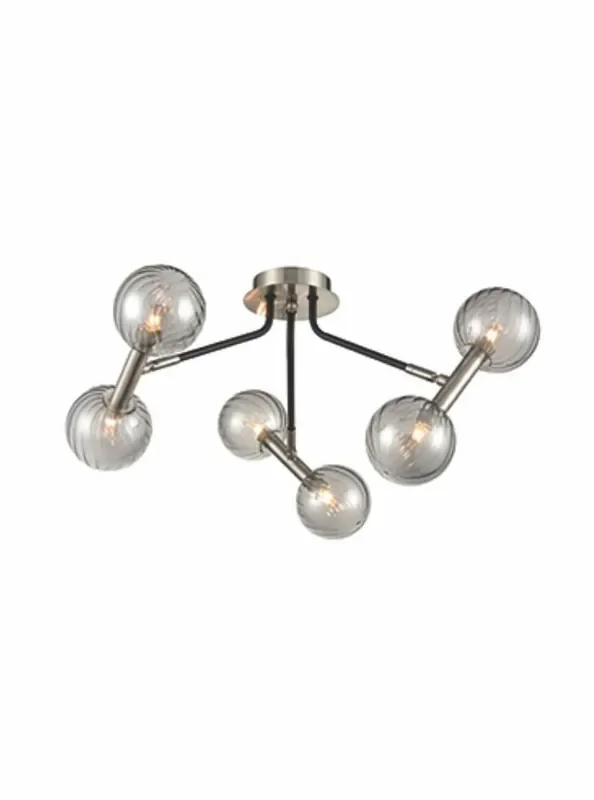 Atmo 6 Light Black with Satin Nickel with Smoke Spheres Semi Flush Ceiling Light