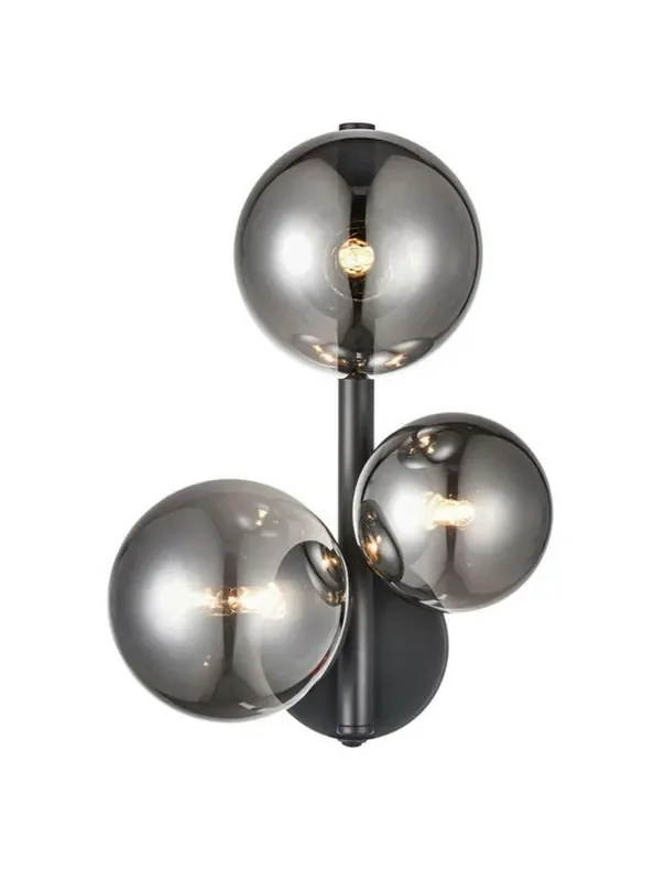 Atmosphere 3 Light Matt Black and Brushed Brass with Smoke Spheres Wall Light
