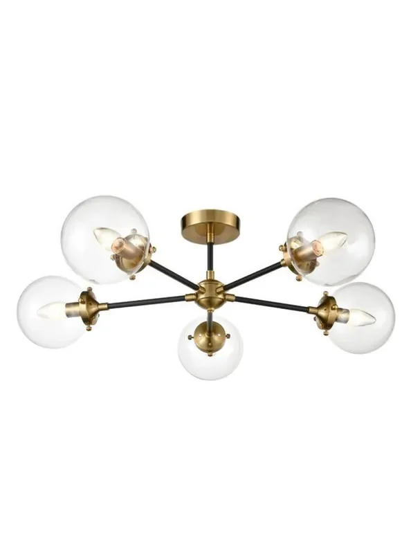 Attraction 5 Light Matt Black and Antique Gold with Clear Sphere Semi Flush Ceiling Light