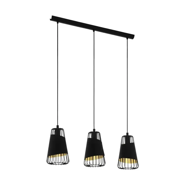 Austell 3 Light Black with Black and Gold Fabric Shade Bar Pendant Light