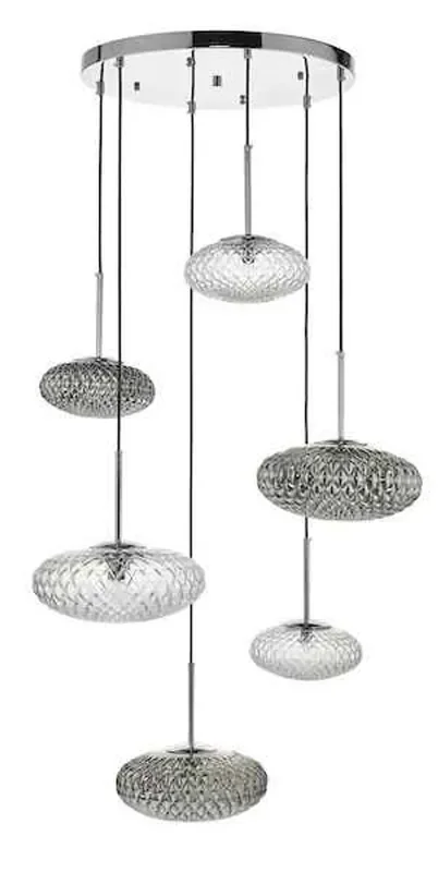 Bibiana 6 Light Clear And Smoked Textured Glass Polished Chrome Cluster Pendant