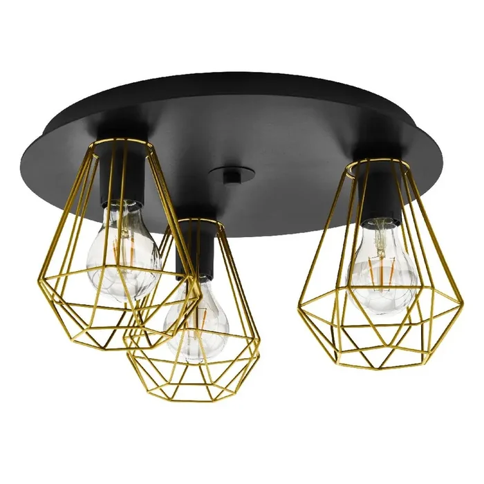 Black & Brass Wire Shade Vintage 3 Lamp Round Flush 45cm