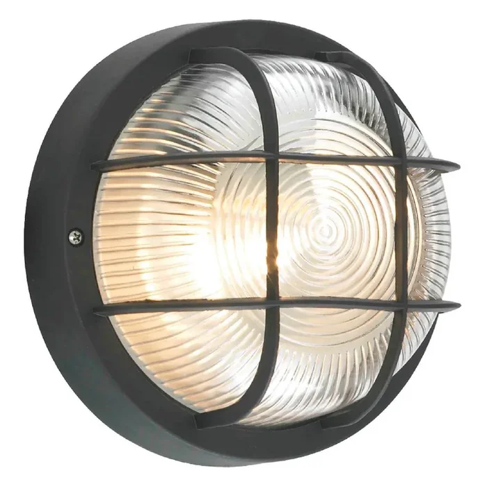 Black & Ribbed Glass Outdoor Modern Round Bulkhead Wall Light 18cm