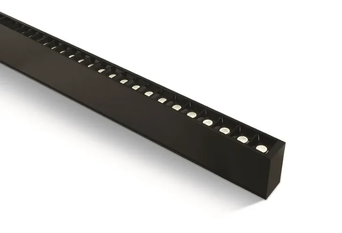 Black 40W UGR17 Linear system with with 48 LED spots for surface or suspended installation, ideal for offices.