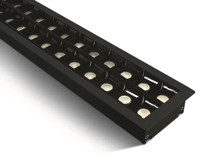 Black 40W UGR17 Recessed linear with diffuser, ideal for offices.