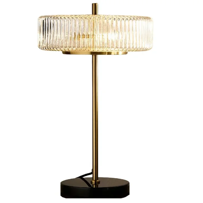 Black and Gold Modern Table Lamp with Clear Ribbed Glass and Marble Base 49cm