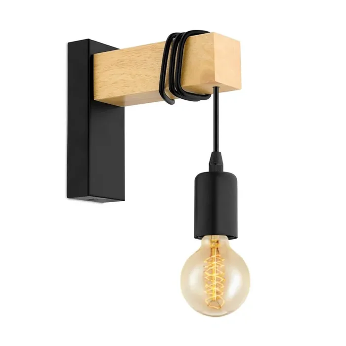 Black and Oak Wood Vintage Single Lamp Wall Light 215mm
