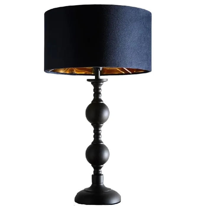 Black Metal Modern Candlestick Table Lamp with Navy Blue Velvet Drum Shade with Gold Inner 46cm