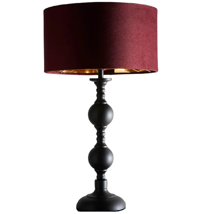 Black Metal Modern Candlestick Table Lamp with Red Wine Velvet Drum Shade with Gold Inner 46cm